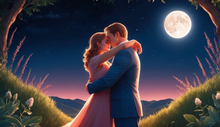 Romantic couple embracing under a full moon in a starry night landscape