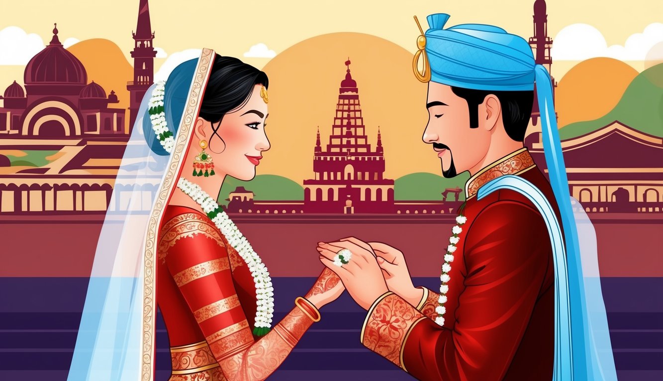 A couple in traditional wedding attire exchange rings in front of a backdrop of cultural symbols and historical landmarks