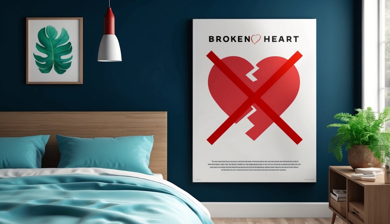 A poster with a broken heart symbol and a red "X" over a bed