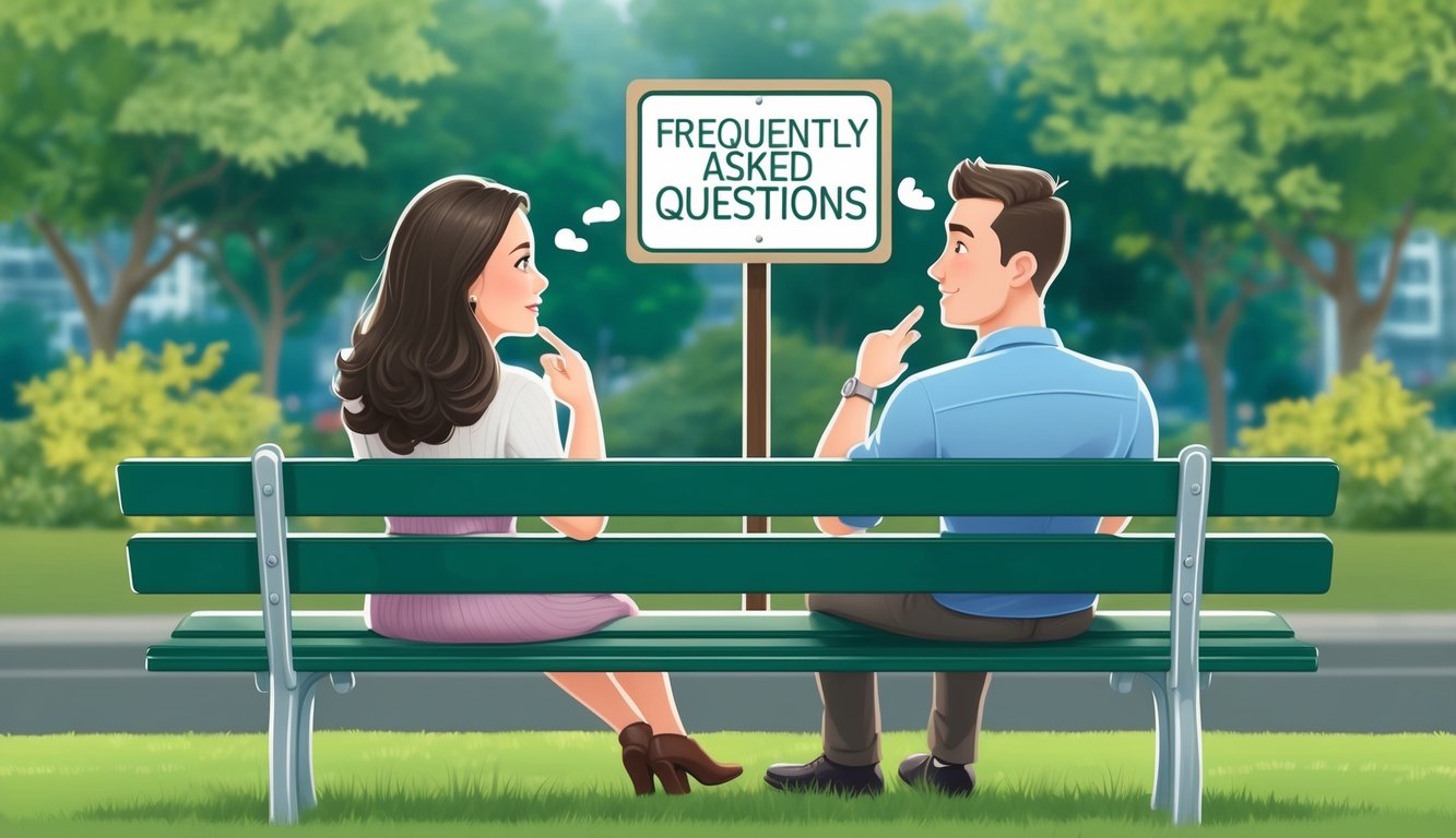 A couple sitting on a park bench, looking at each other with questioning expressions.</p><p>A sign in the background reads "Frequently Asked Questions."