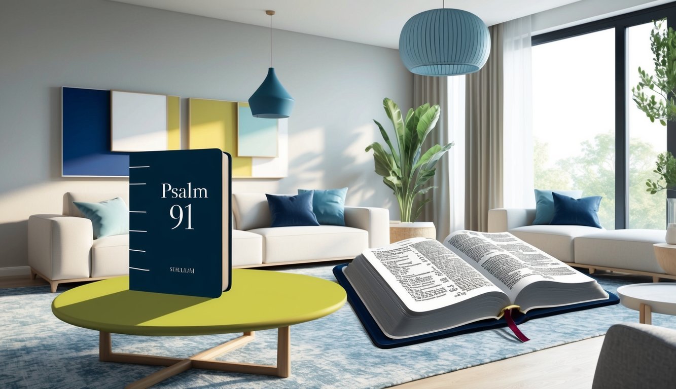 A peaceful, modern living room with a Bible open to Psalm 91 on a table, surrounded by contemporary decor and natural light