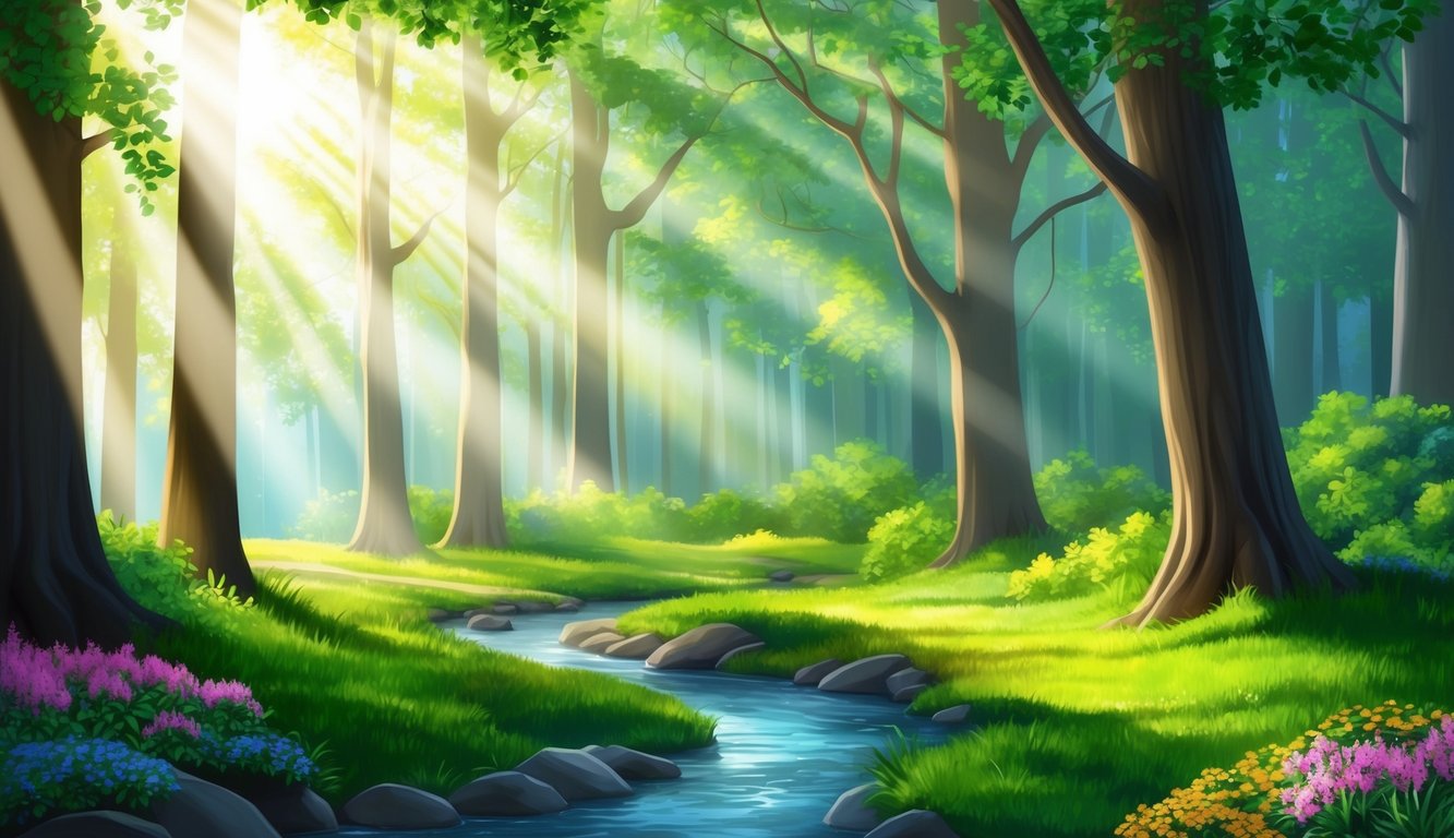 A serene forest with sunlight filtering through the trees, casting dappled shadows on the ground.</p><p>A stream flows gently through the scene, surrounded by colorful flowers and lush greenery