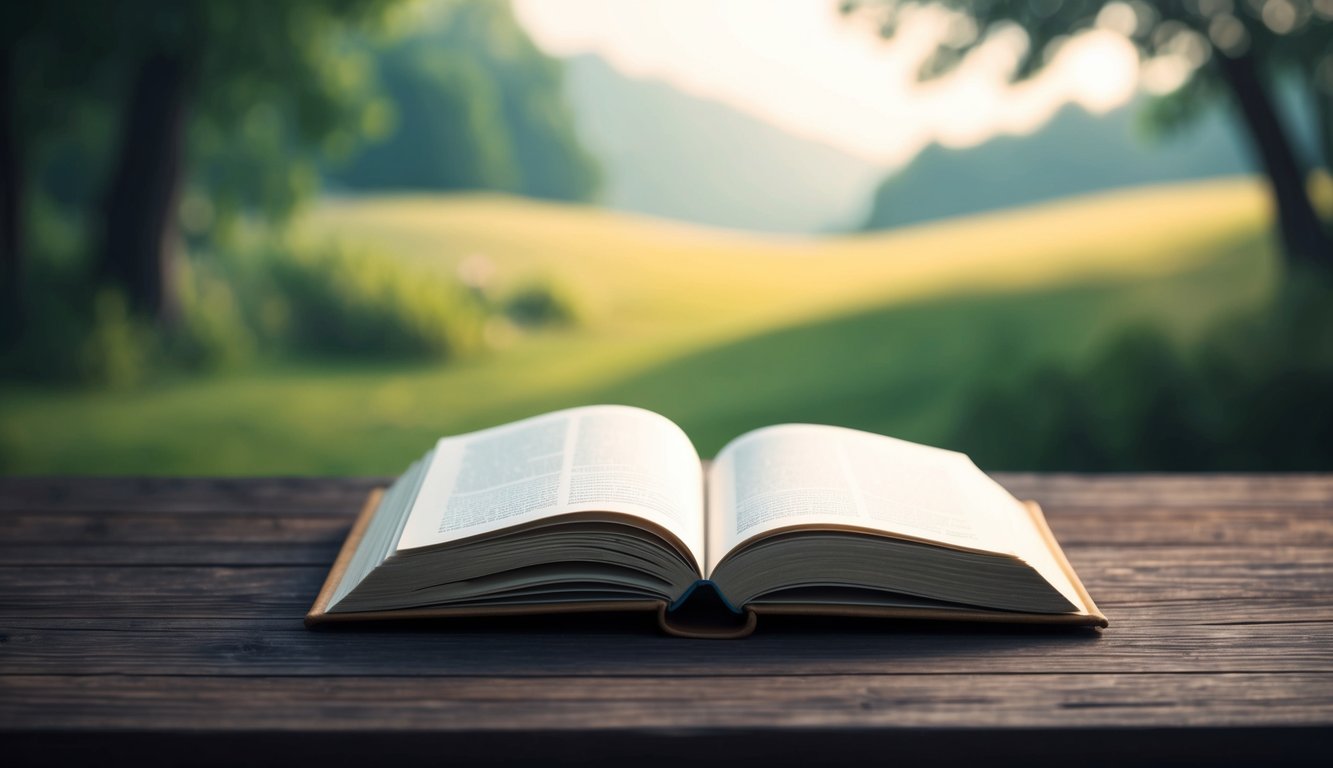 A peaceful landscape with a small, open book lying on a wooden table, surrounded by soft light and a sense of tranquility