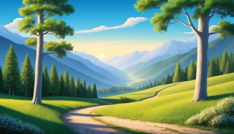 Scenic landscape with trees, path, mountains, and a bright sun in the sky