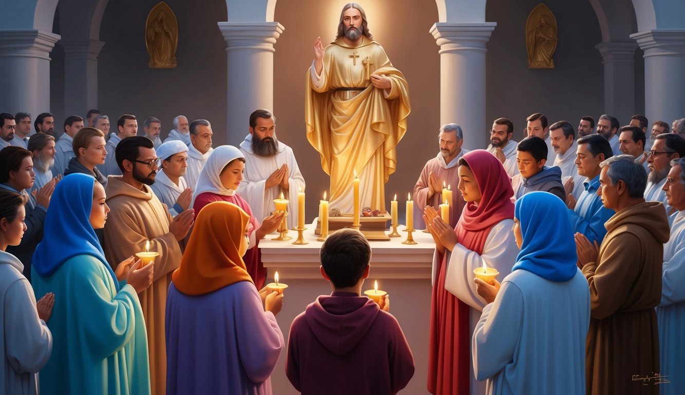 A group of worshippers gather around a statue of St. Sebastian, lighting candles and offering prayers in a solemn and reverent atmosphere