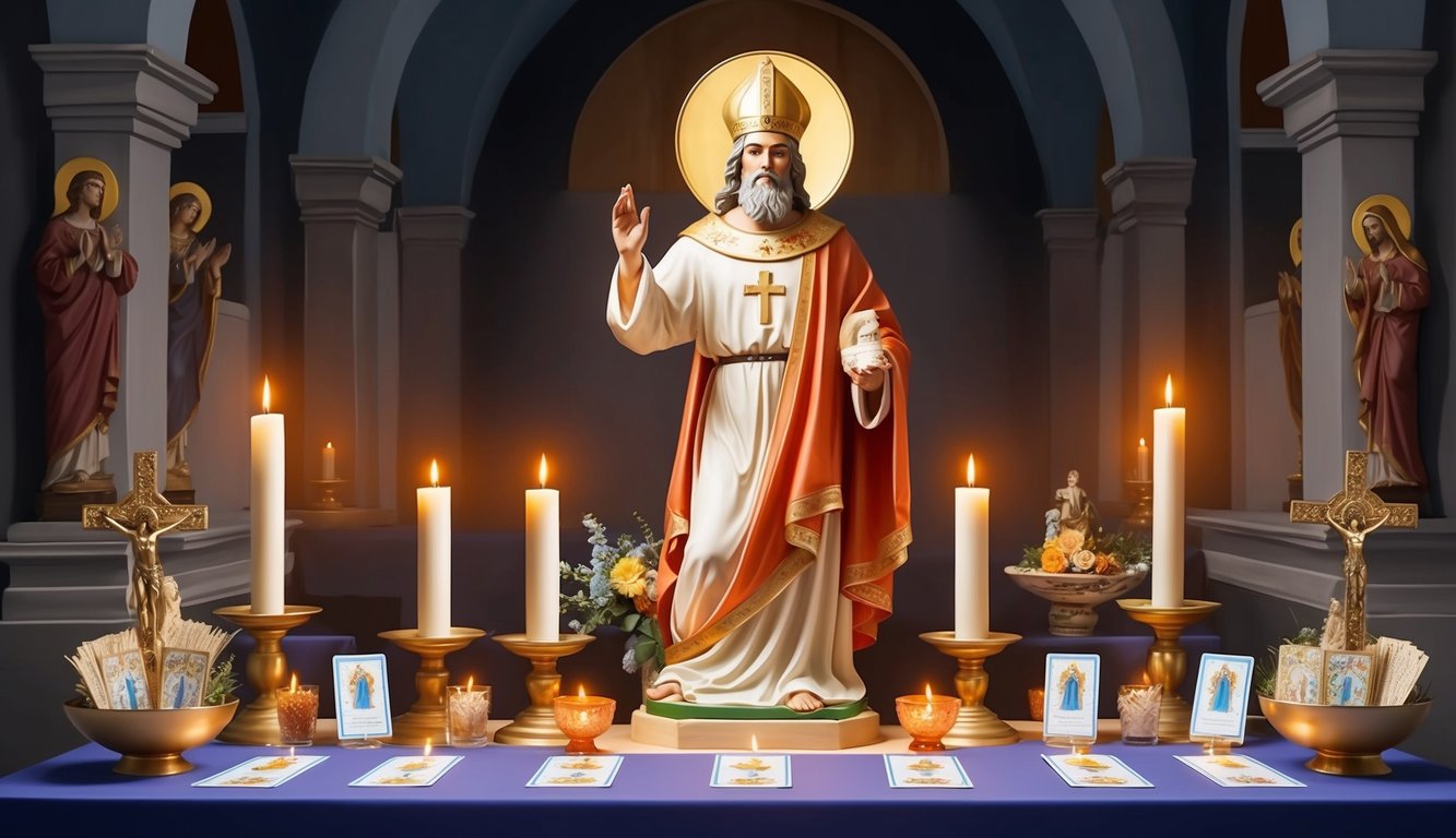 A candlelit altar with a statue of Saint Sebastian surrounded by offerings and prayer cards