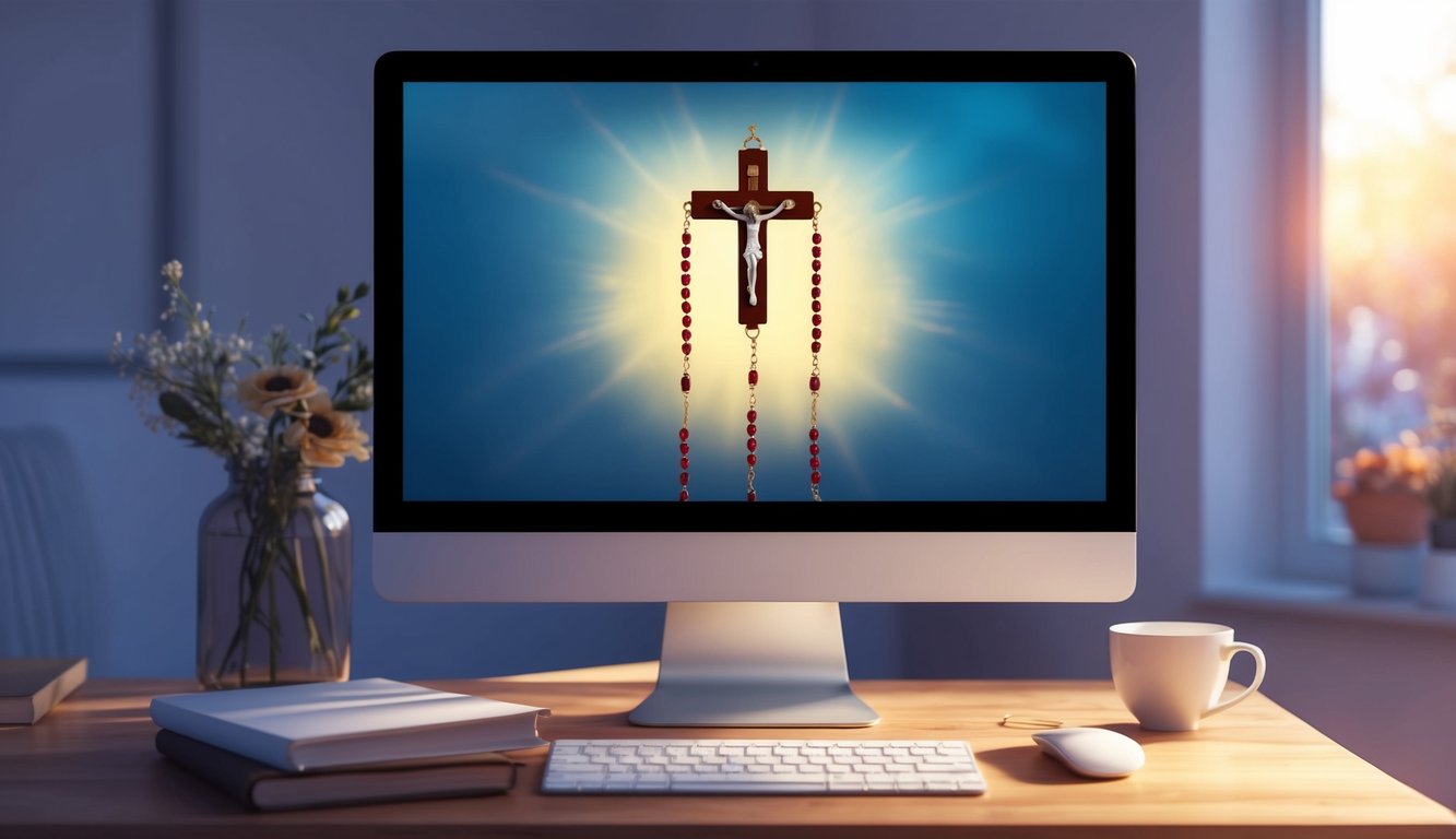 A computer screen displaying a virtual rosary with a glowing, serene background