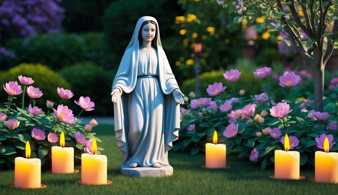 A serene garden with a stone statue of St. Teresa of Avila surrounded by blooming flowers and flickering candles