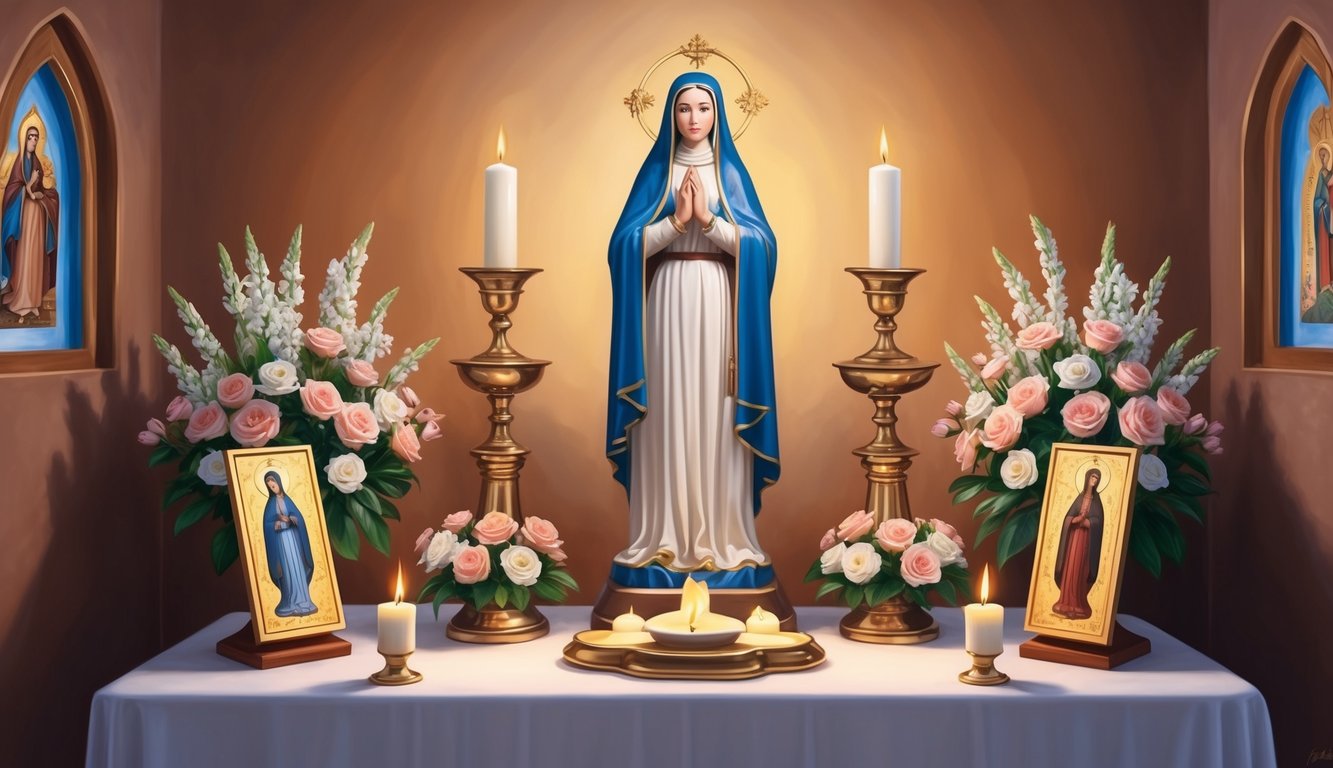 A serene candle-lit altar with a statue of Saint Teresa of Avila surrounded by flowers and religious icons