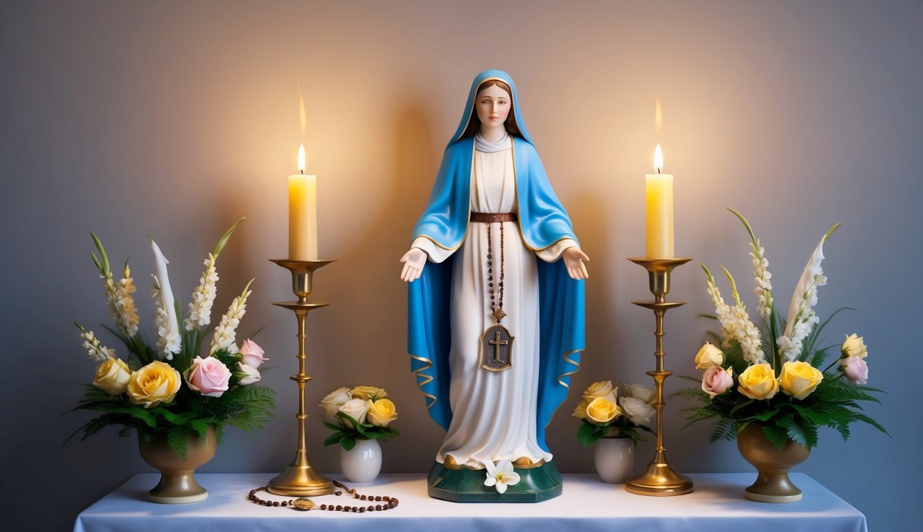 A serene candlelit altar with a statue of St. Teresa of Avila surrounded by flowers and a rosary