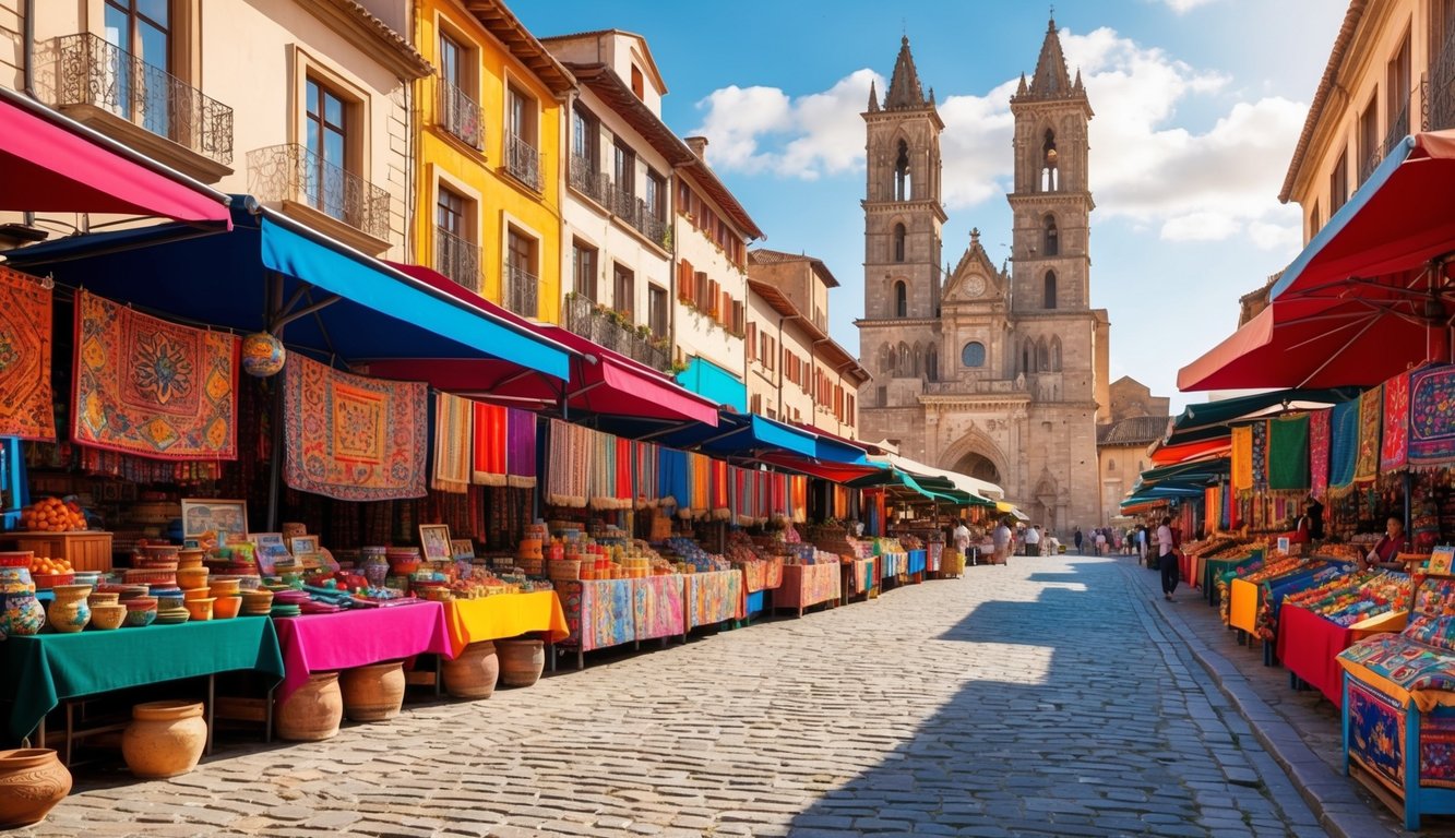 Vibrant market stalls line cobblestone streets, adorned with colorful tapestries and intricate pottery.</p><p>Towering cathedrals and ancient sculptures dot the skyline