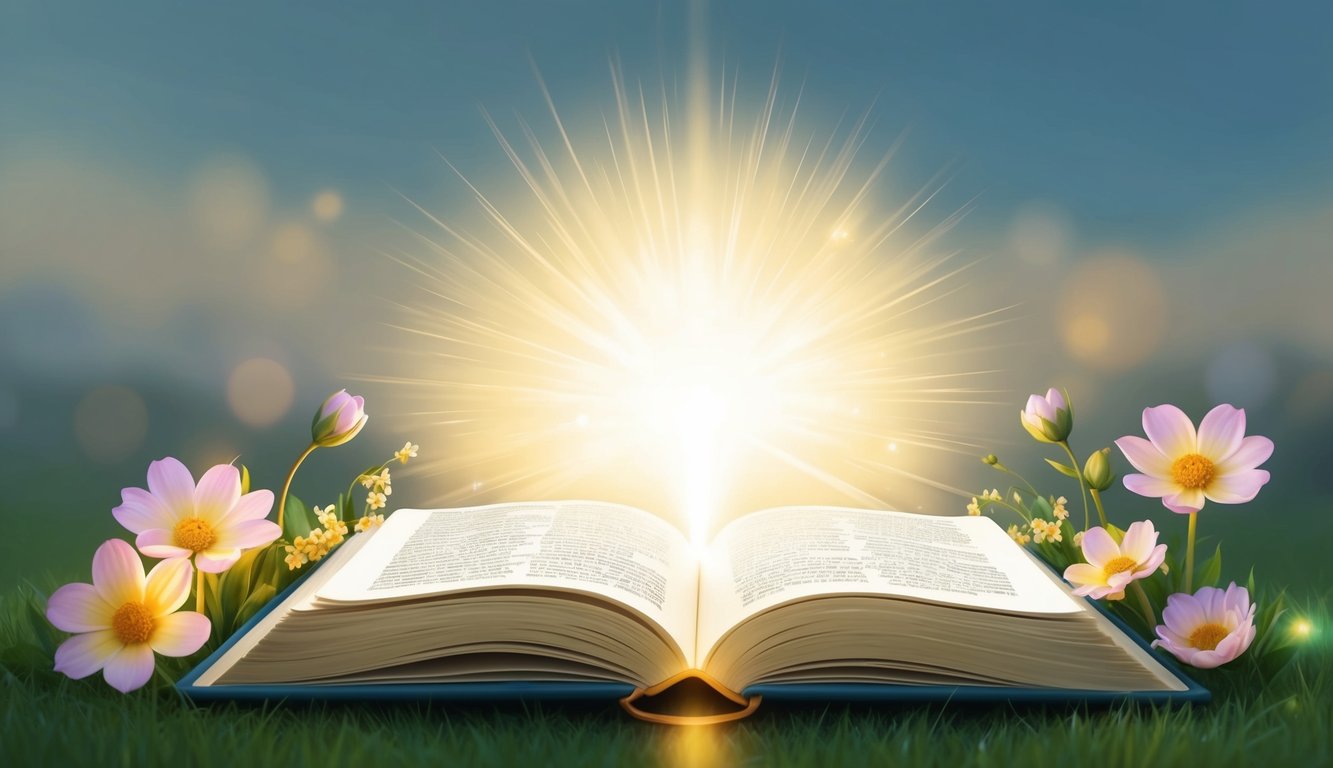 A serene, glowing light emanates from an open book, surrounded by blooming flowers and a gentle breeze, conveying the power of prayer for healing