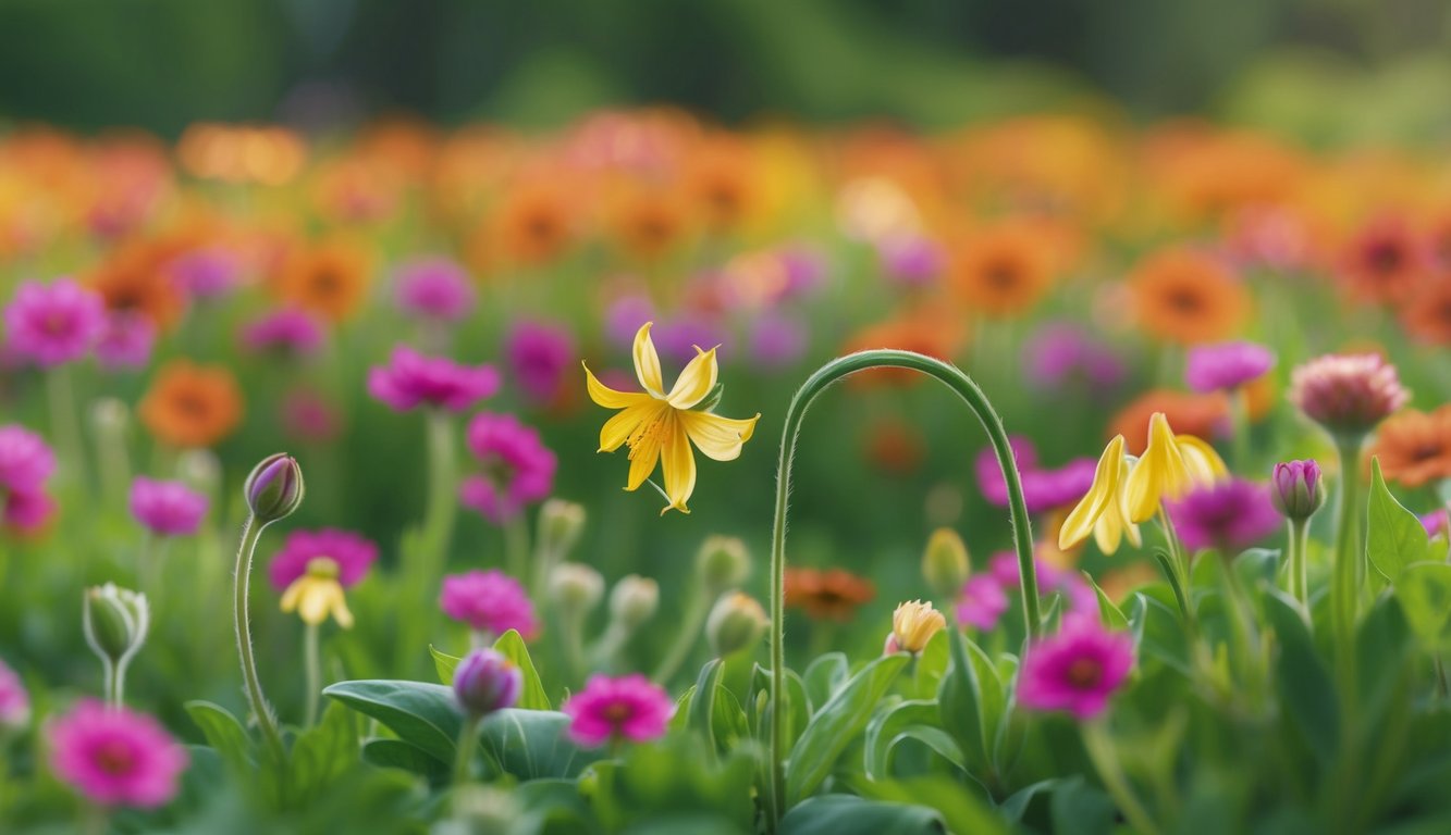 A small, wilting flower bending low in a field of vibrant blooms