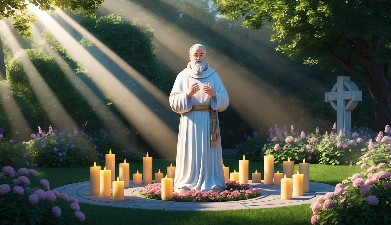 A serene garden with a statue of Padre Pio surrounded by candles and flowers, with rays of sunlight streaming through the trees