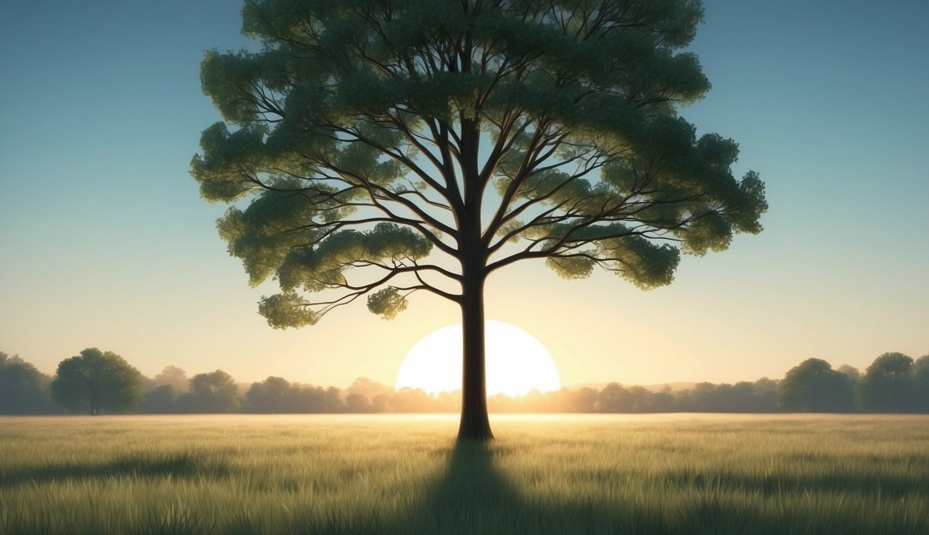 A solitary tree stands tall in a serene meadow, its branches reaching towards the sky.</p><p>The setting sun casts a warm glow, creating a peaceful and reflective atmosphere