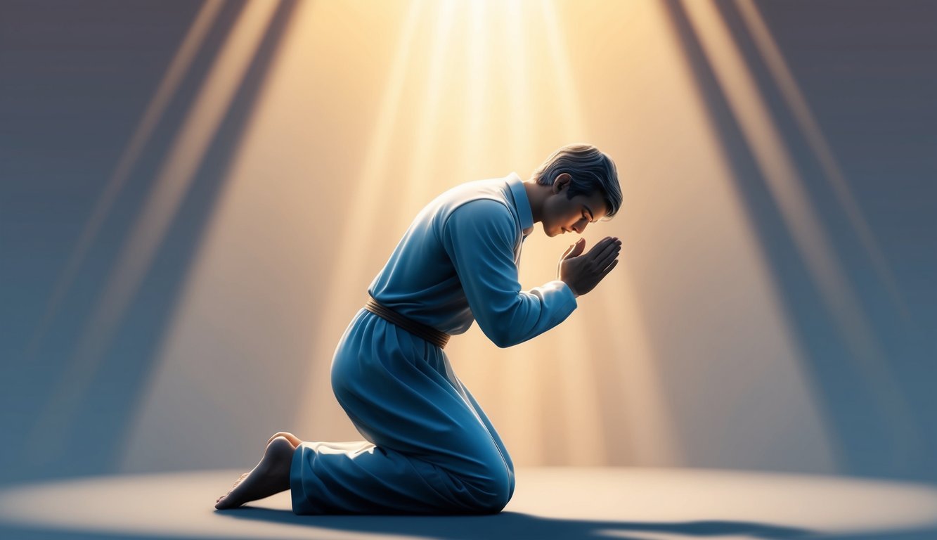 A figure kneeling in prayer, head bowed and hands clasped in humility.</p><p>Rays of light shining down from above