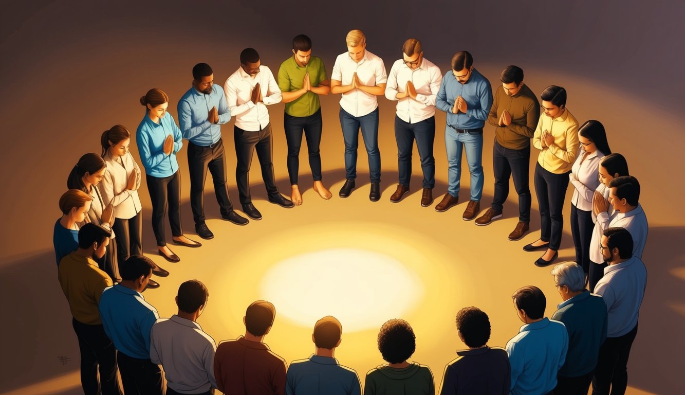 A group of people standing in a circle, heads bowed in prayer, surrounded by a warm, golden light.</p><p>A sense of unity and connection is palpable in the air