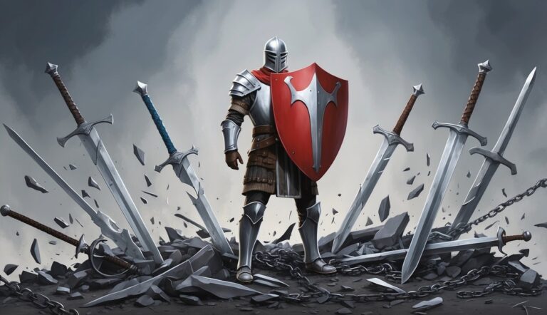 Knight in shining armor with red shield, surrounded by broken swords