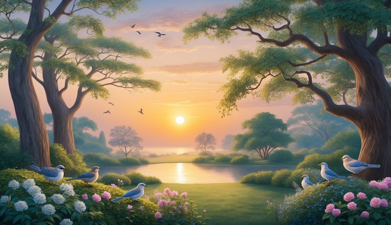 Sunrise over a tranquil garden, with birds perched on blooming flowers and a gentle breeze rustling the leaves of ancient trees