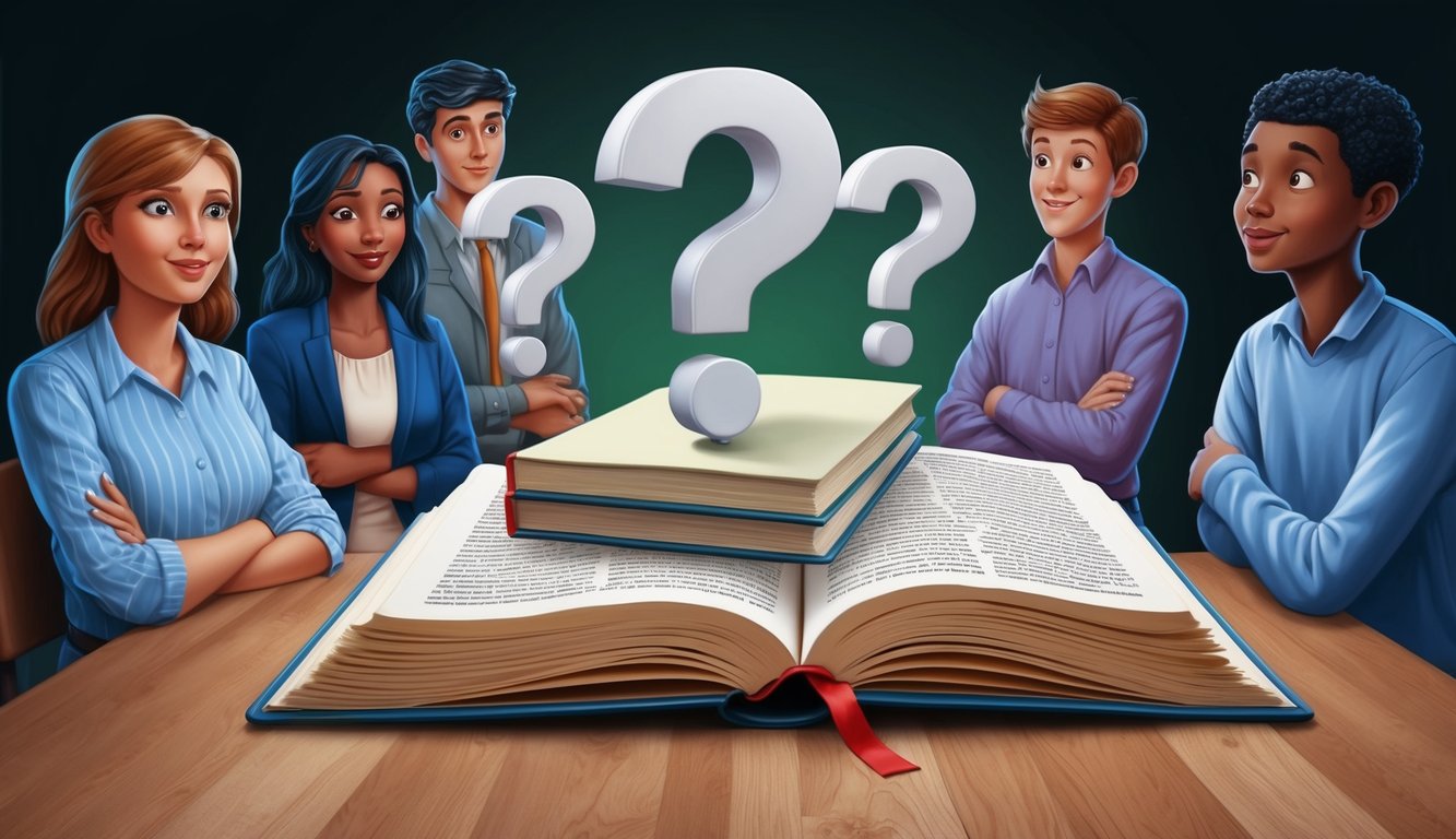 A stack of question marks floating above an open book, surrounded by curious onlookers