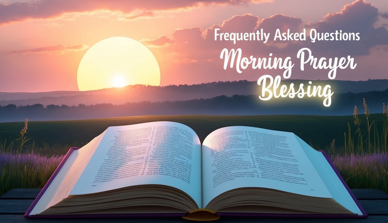 Sunrise over a peaceful landscape, with a book of prayers open and a gentle glow highlighting the words "Frequently Asked Questions morning prayer blessing."