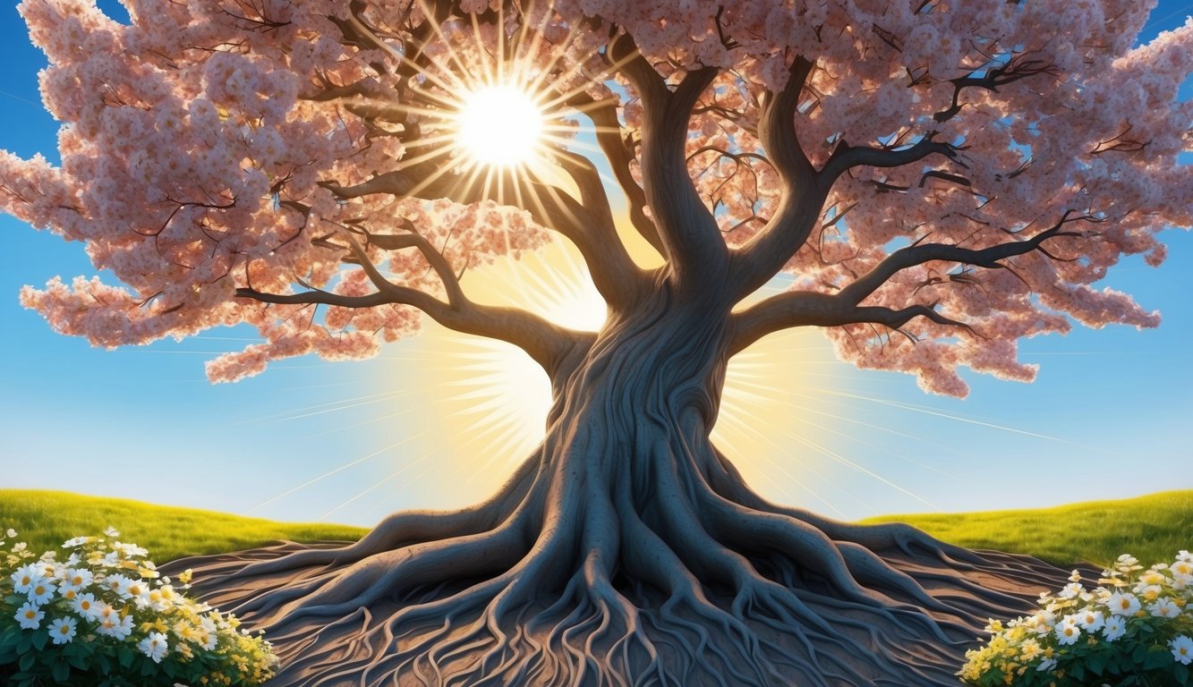 A majestic tree with strong roots, surrounded by blooming flowers and a radiant sun shining down