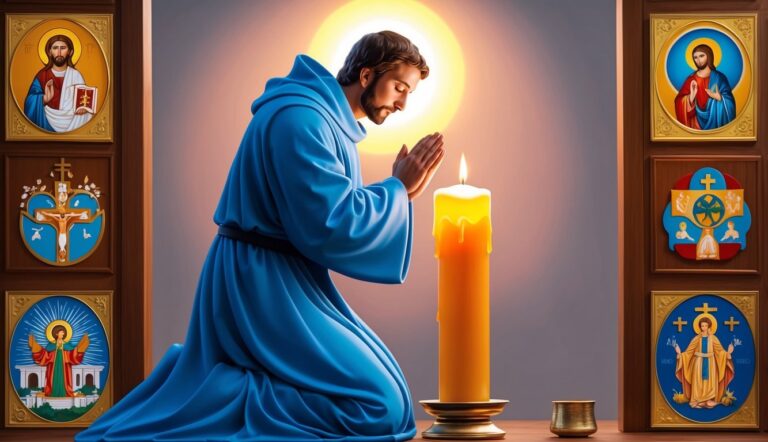 Man in blue robes kneels in prayer before a lit candle, icons around