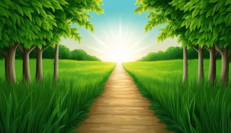 Wooden path through a green field, trees on either side, bright sun ahead