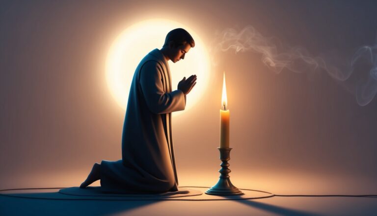 Man kneeling in prayer before a lit candle, with a bright light behind