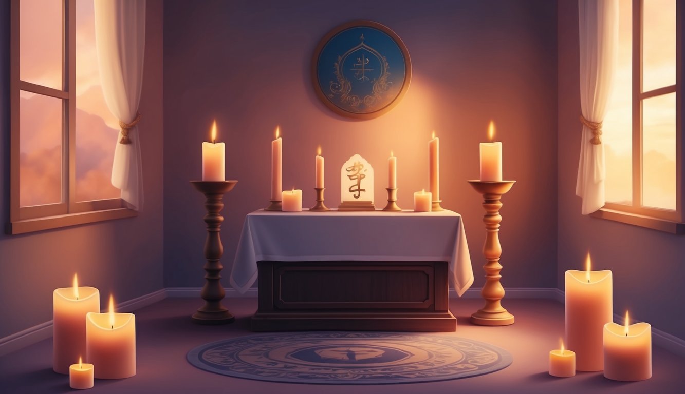 A serene, candlelit room with a peaceful atmosphere, featuring a small altar with symbols of forgiveness and a soft, warm glow