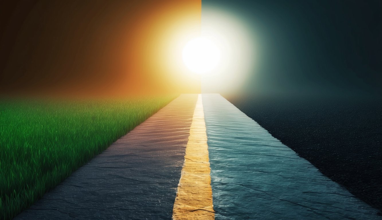 A path splitting into two with a bright light shining on one side, while the other side is covered in darkness