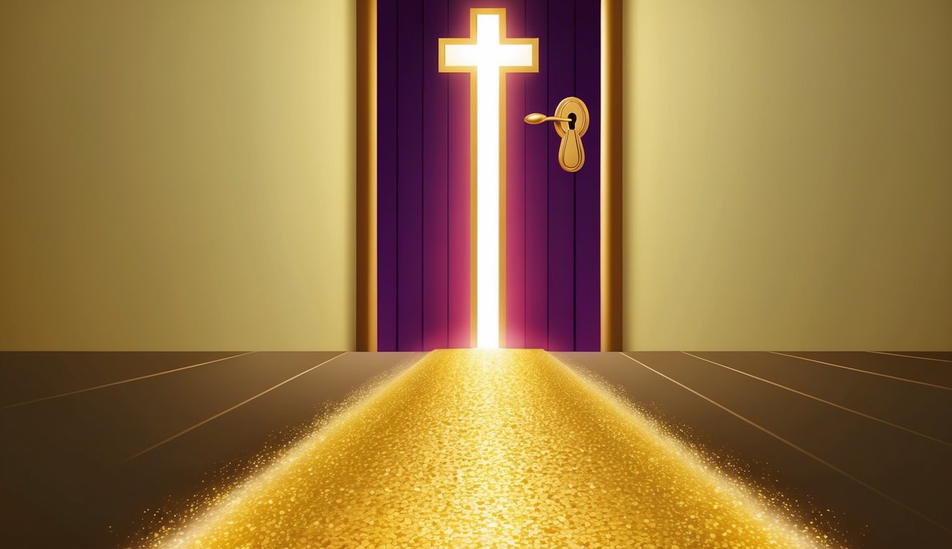 A golden path leading to a glowing door with a keyhole in the shape of a cross