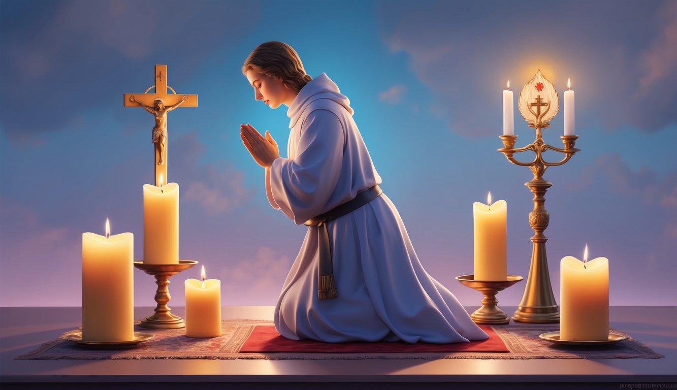 A figure kneels in prayer surrounded by candles and religious symbols, seeking forgiveness in a serene and peaceful setting