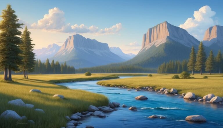 Scenic landscape with river, mountains, trees, and grassy field under blue sky