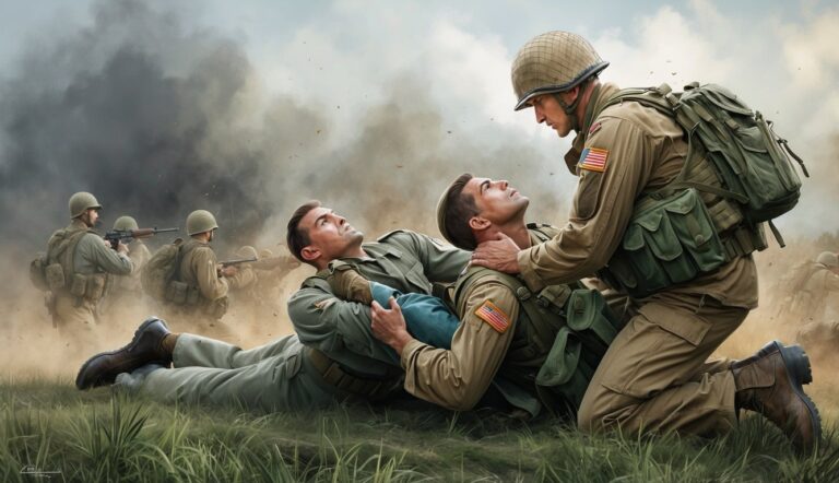 Soldier helping a wounded comrade on a battlefield, other soldiers in background