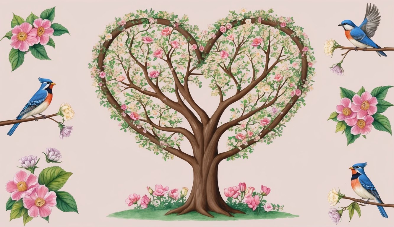 A heart-shaped tree surrounded by blooming flowers and two birds perched on its branches