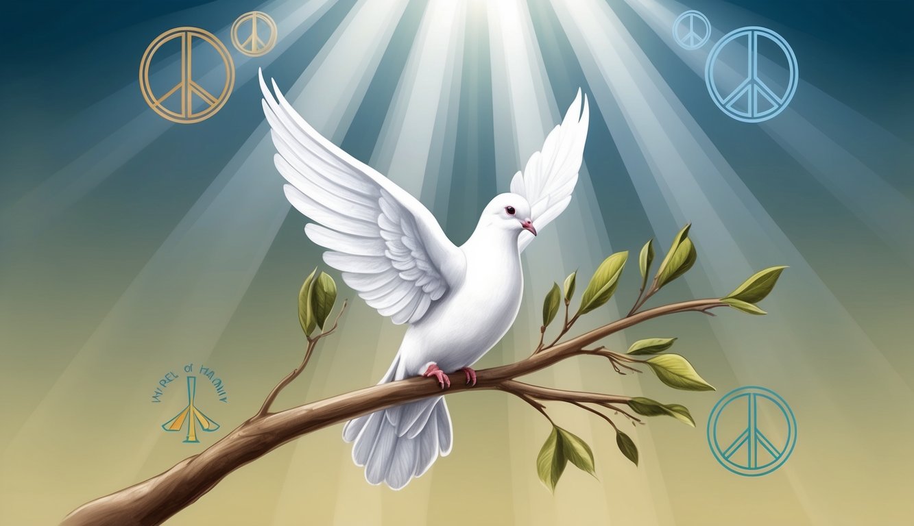 A dove perched on a branch, surrounded by symbols of peace and harmony, with rays of light shining down from above