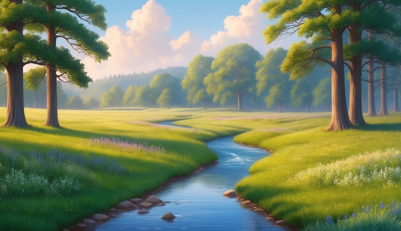 A serene landscape with a gentle stream flowing through a peaceful meadow, surrounded by blooming wildflowers and towering trees