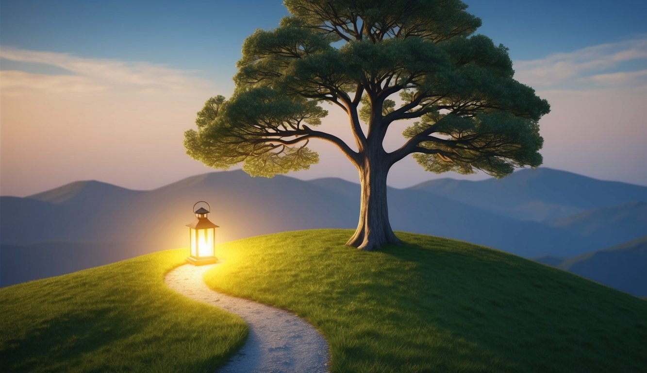 A lone tree stands on a hill, its branches reaching towards the sky.</p><p>A winding path leads to a glowing lantern at its base