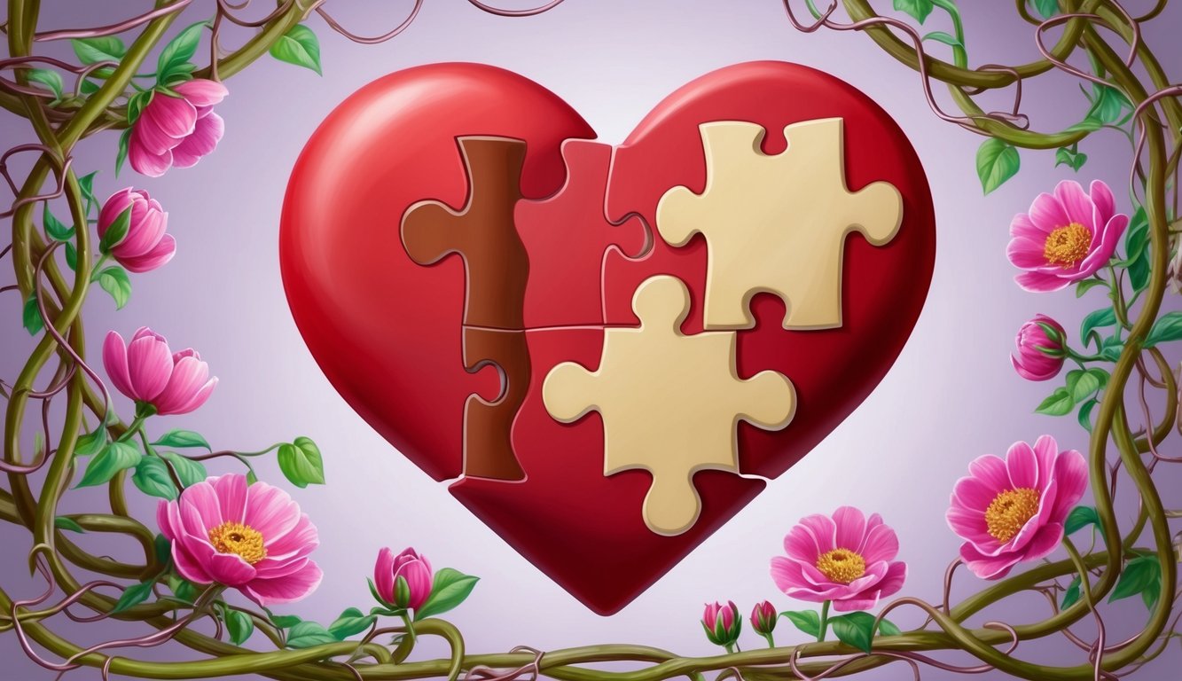 A heart-shaped puzzle with missing pieces, surrounded by tangled vines and blooming flowers