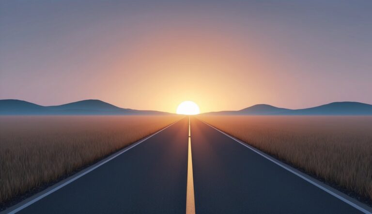 Road leading to the sunset between fields and mountains
