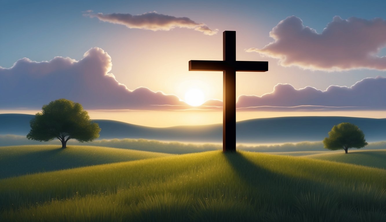 A serene landscape with a cross silhouetted against the setting sun, symbolizing the message of Good Friday