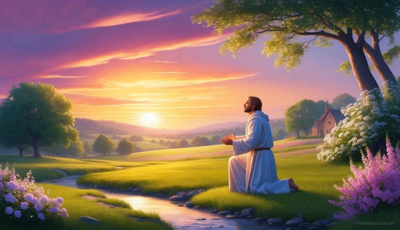 A serene landscape with a vibrant sunset, casting warm hues over a peaceful countryside.</p><p>A figure kneels in awe, surrounded by blooming flowers and a tranquil stream