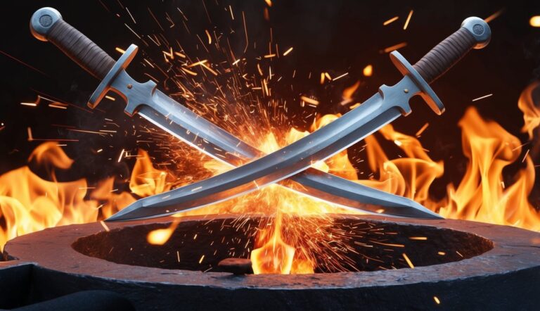 Two crossed swords with sparks and flames in a forge