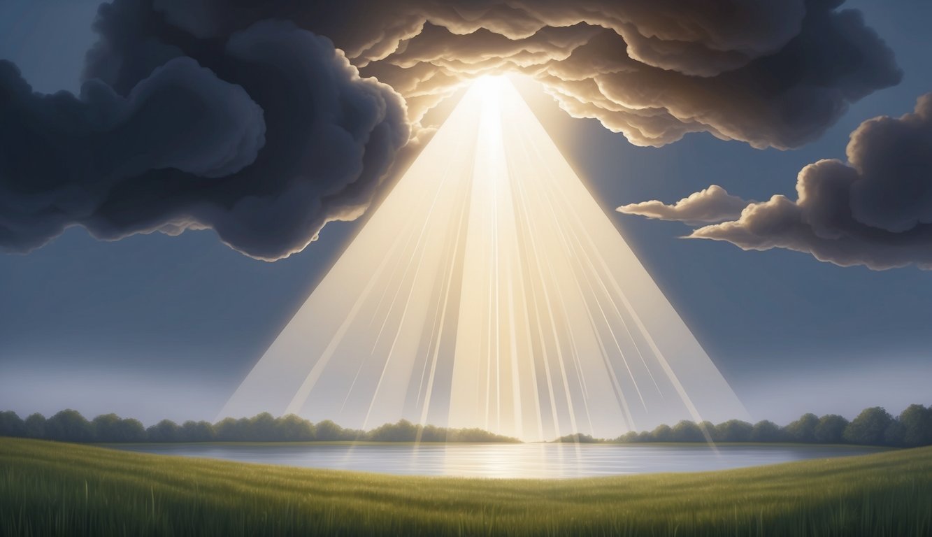 A beam of light shining through dark clouds onto a tranquil landscape, symbolizing divine assurance