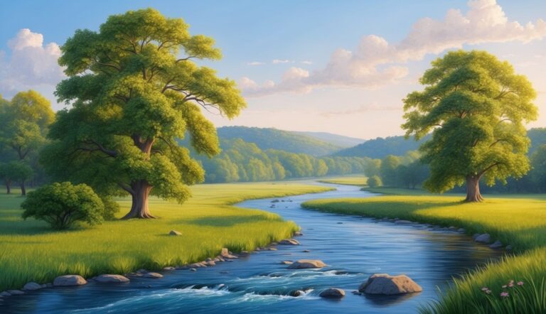Scenic landscape with a river, trees, green grass, and rolling hills