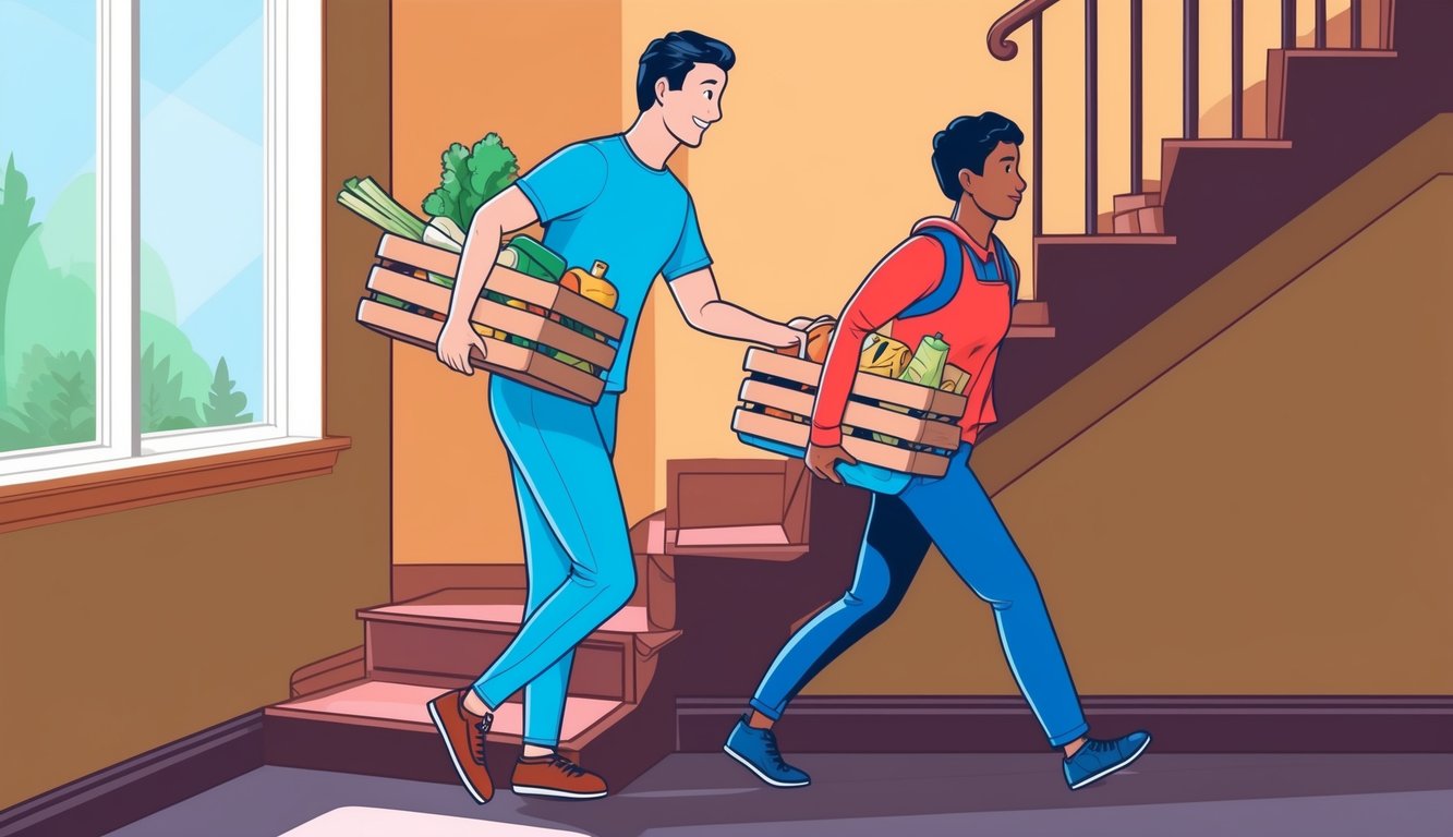 A person helping another carry groceries up a flight of stairs