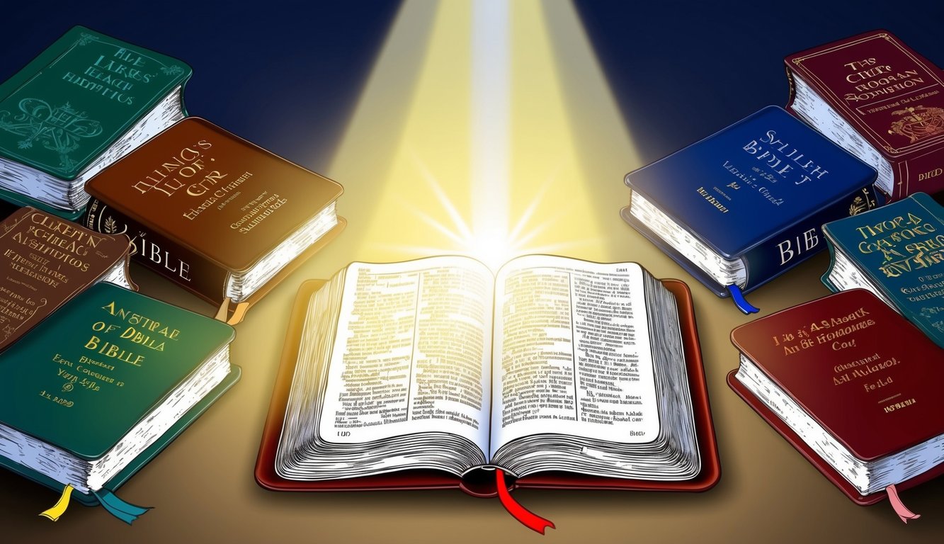 A beam of light shining down onto an open Bible surrounded by different translations