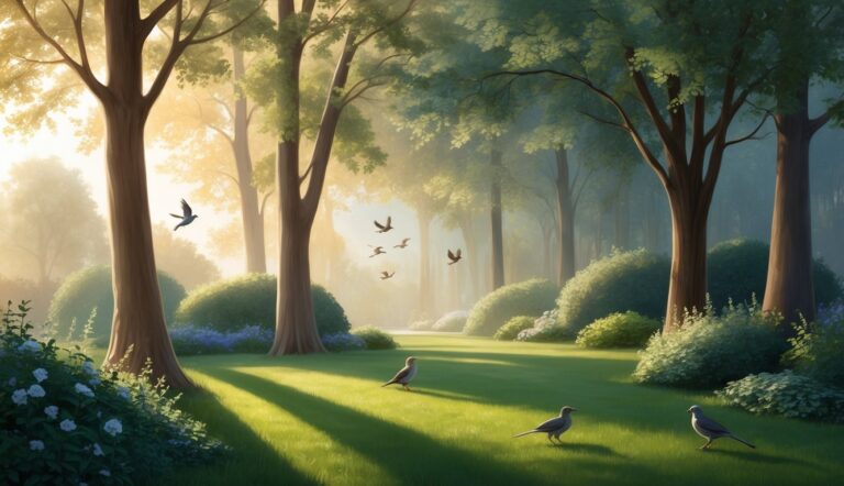 Lush green park scene with trees, birds flying, and three birds on the grass