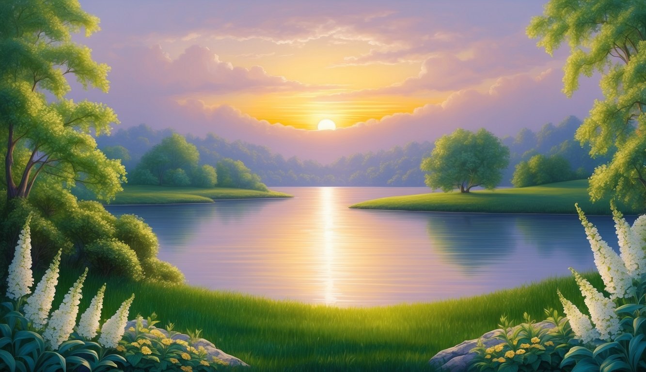 A serene landscape with a sunset over calm waters, surrounded by lush greenery and blooming flowers, evoking a sense of hope and faith